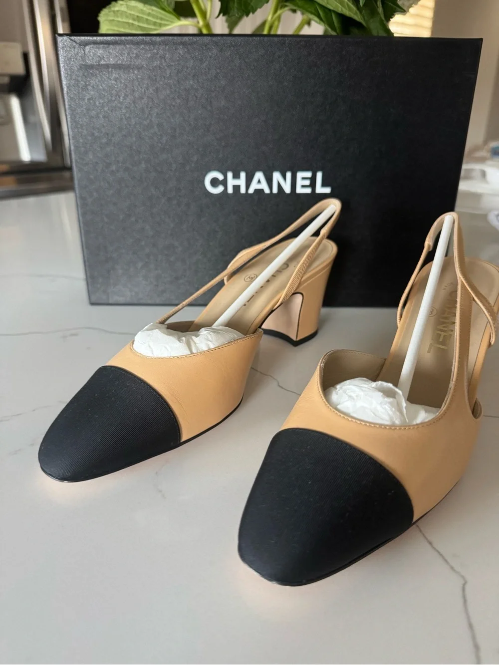 Brand New CHANEL Two-Tone Slingback Pumps in Beige and Black